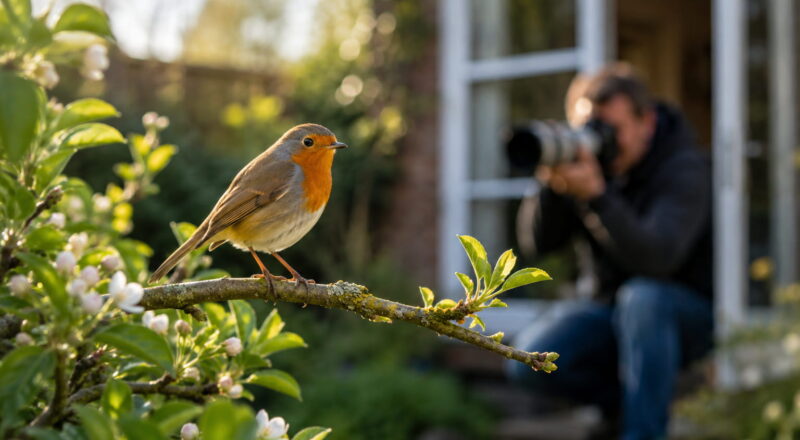 Rotkehlchen auf einem Ast im Garten während ein Fotograf mit Teleobjektiv im Hintergrund fotografiert