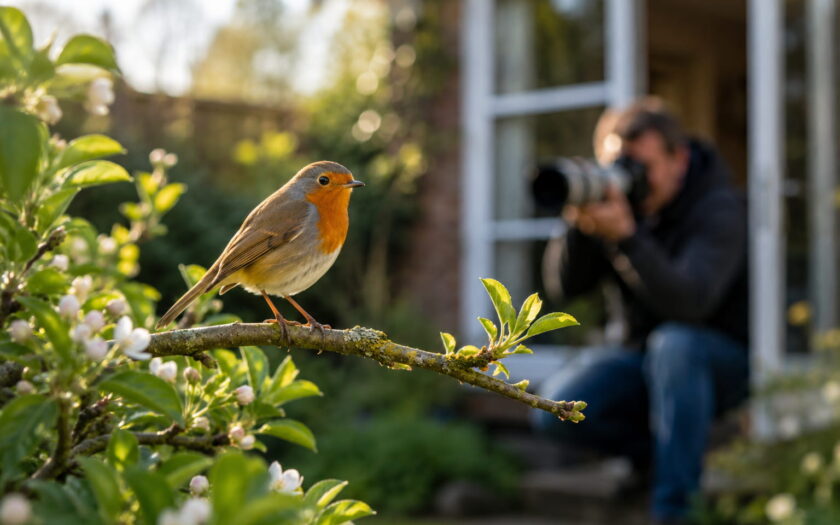 Rotkehlchen auf einem Ast im Garten während ein Fotograf mit Teleobjektiv im Hintergrund fotografiert