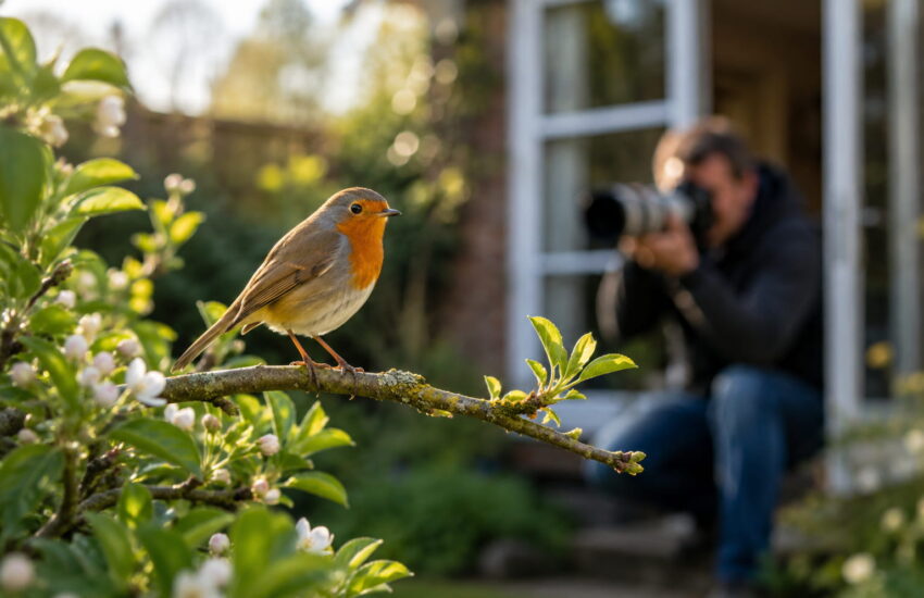 Rotkehlchen auf einem Ast im Garten während ein Fotograf mit Teleobjektiv im Hintergrund fotografiert
